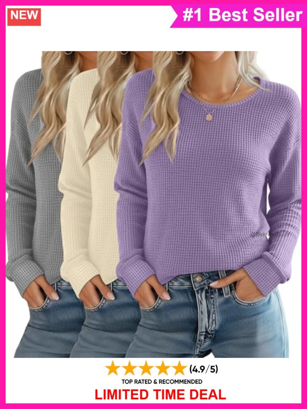 3 Pack Women's Waffle Knit Long Sleeve Crew Neck Thermal Tops Slim Fit